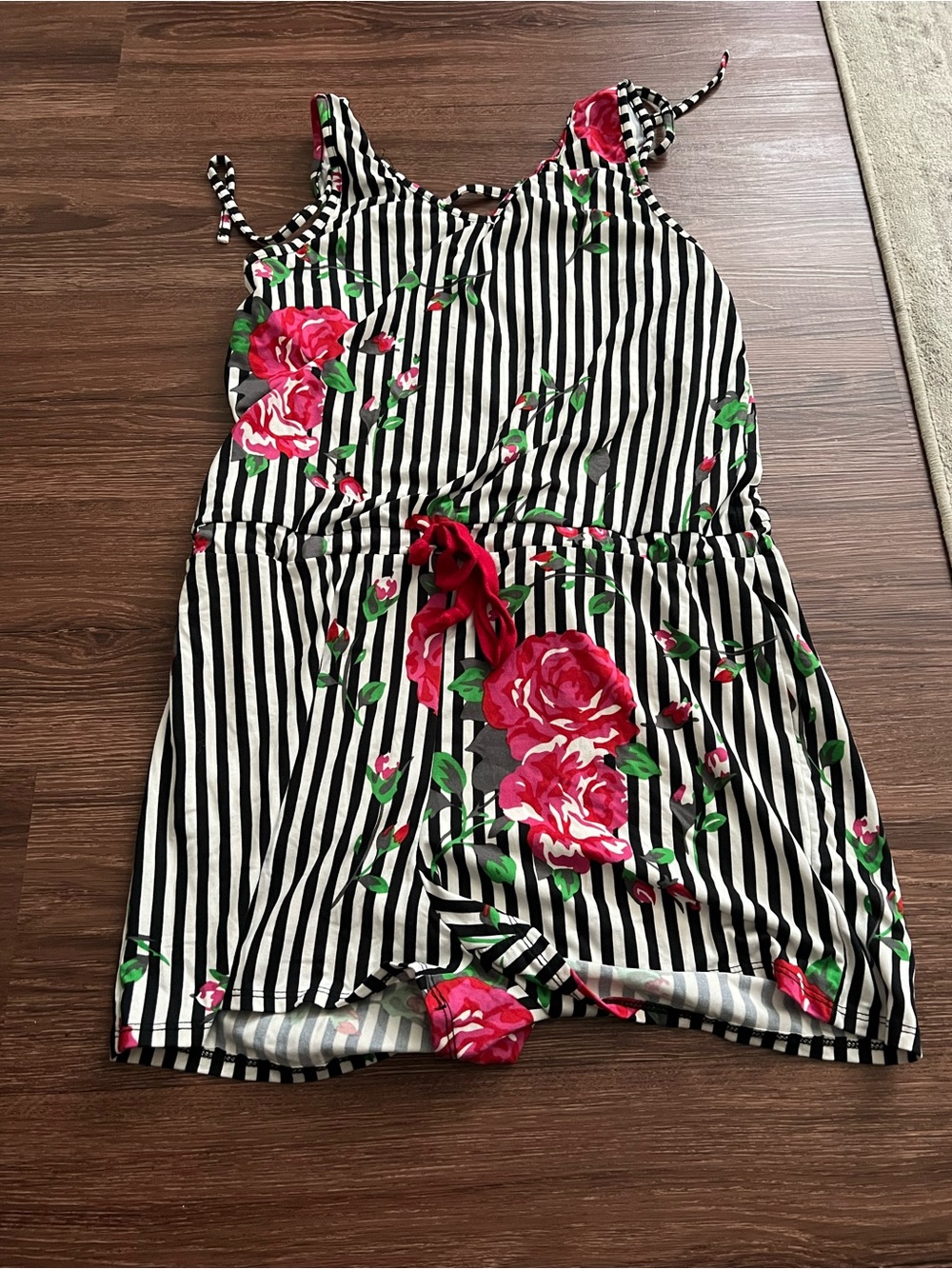 Black & White Striped Floral Romper with Pink Roses
